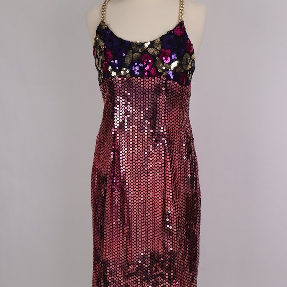 ❄ Vtg 80's Sequin Bodycon Dress Gold Chain Straps Party Cocktail Wedding Prom - Picture 1 of 6